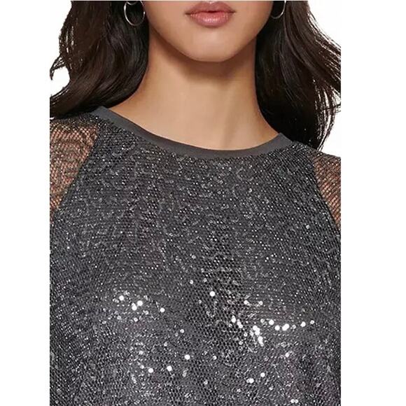 DKNY NWT Sequin Mesh Overlay Crewneck Top Gunmetal Grey Small Dolman Sleeves - Picture 16 of 16